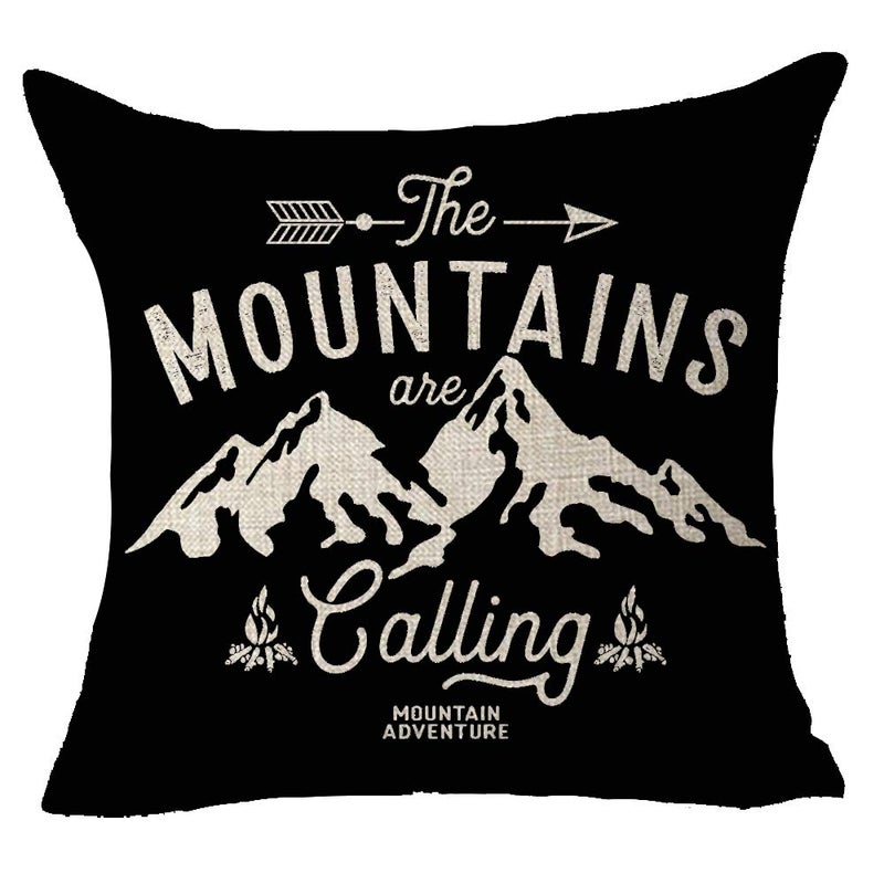 FELENIW The Mountains are Calling Adventure Arrow Campfire Outdoor Adventure Mountain Forest Trees Throw Pillow Cover Cushion Case Cotton Linen Material Decorative 18X18 inches - Image 1